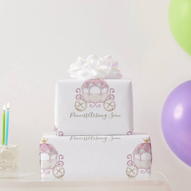 White Princess Carriage Arriving Soon Baby Shower Wrapping Paper (Party Gifts)