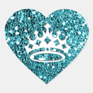 White Princess Crown on Aqua Glitter Look Heart Sticker