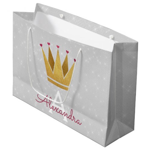 White Princess Crown Rose Gold Blush Pink Glitter Large Gift Bag