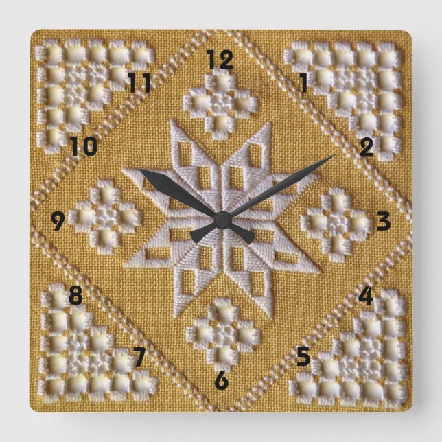 White PRINTED cutwork embroidery 2 on linen custom Square Wall Clock (Front)