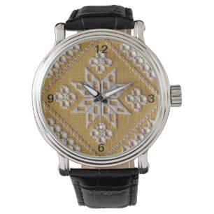 White PRINTED cutwork embroidery 2 on linen custom Watch