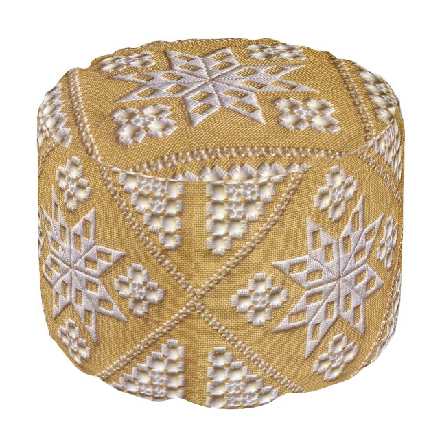 White PRINTED cutwork embroidery on linen custom Pouf (Angled Front)