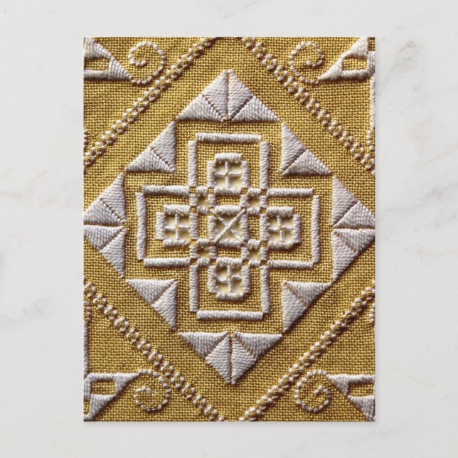 White PRINTED embroidery 1 on linen custom Postcard (Front)