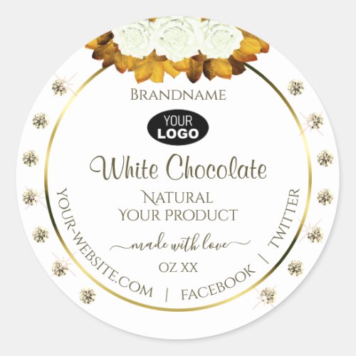 White Product Label Orange Rose Leaves Jewels Logo