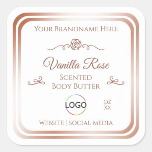 White Product Label with Rose Gold Frame and Logo