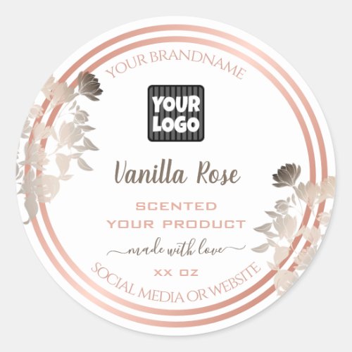 White Product Labels with Logo and Rose Gold Frame