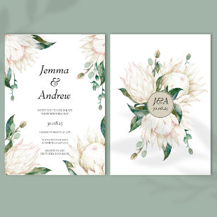 White Protea Elegant Flowers Greenery Wedding Invitation