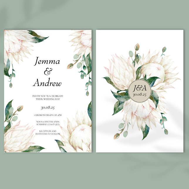 White Protea Elegant Flowers Greenery Wedding Invitation (Creator Uploaded)