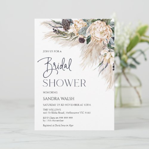 White Protea Pampas Grass Bridal Shower Invitation