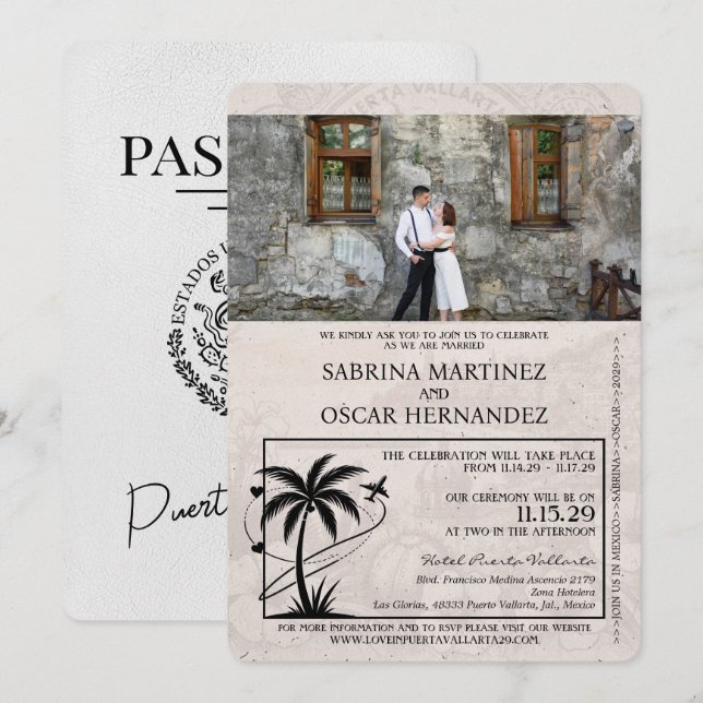White Puerta Vallarta Passport Wedding Invitation (Front/Back)