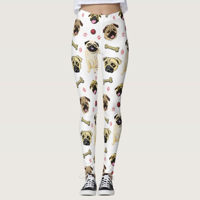 White Pug Print Leggings (Front)