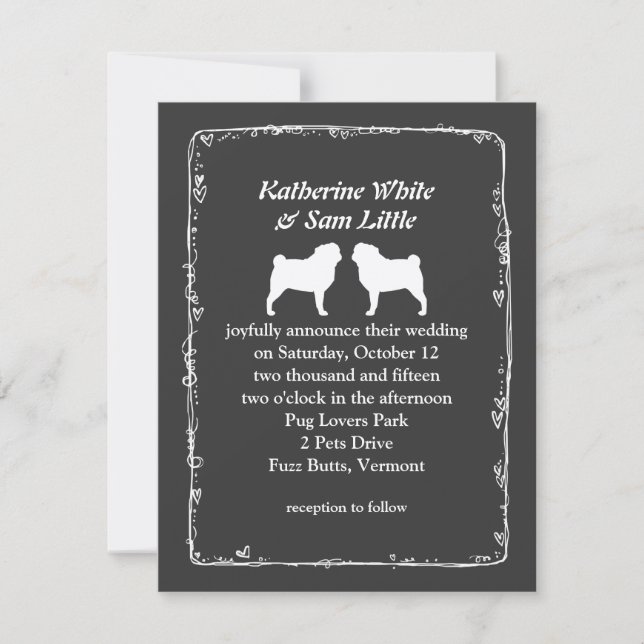 White Pug Silhouettes Wedding Announcement (Front)