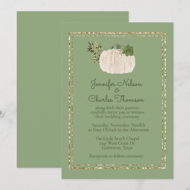 White Pumkin Green Wedding Invitation (Front/Back)