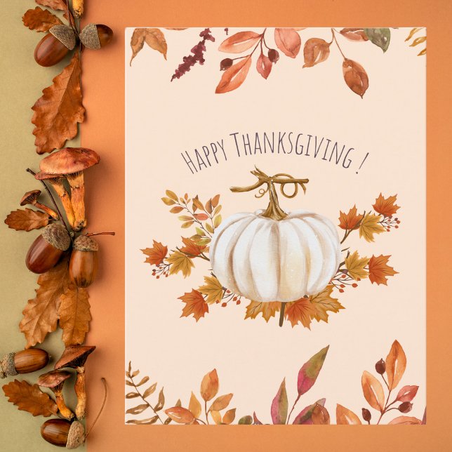 White Pumpkin and Autumn Leaves Thanksgiving Postcard (Creator Uploaded)