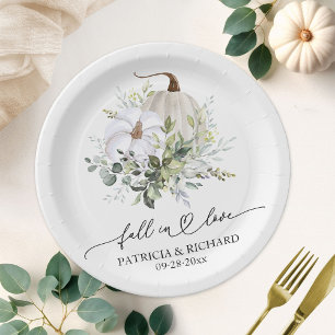 White Pumpkin and Eucalyptus Fall in Love Wedding Paper Plates