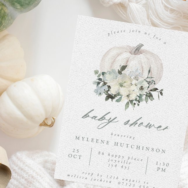 White Pumpkin and Flowers Baby Shower Invitation (Creator Uploaded)