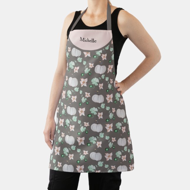 White Pumpkin And Flowers Watercolor Art Pattern Apron (Insitu)