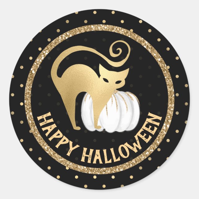 White Pumpkin and Gold Cat polka dots Halloween Classic Round Sticker (Front)