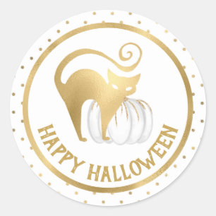 White Pumpkin and Gold Cat polka dots Halloween Classic Round Sticker