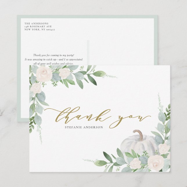 White Pumpkin and Greenery Autumn Thank You Postcard (Front/Back)