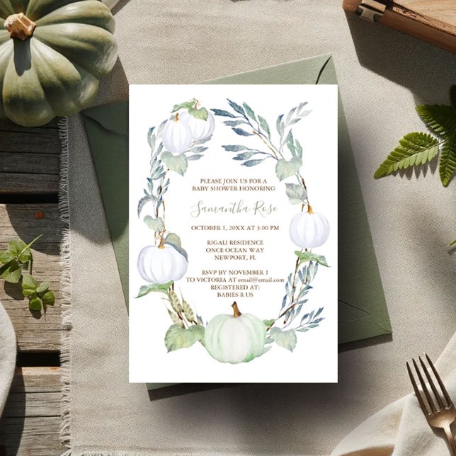 WHITE PUMPKIN and Greenery BABY Shower Invitation (Gender neutral baby shower invitations fall white and green pumpkins watercolor)