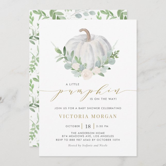 White Pumpkin and Greenery Fall Baby Shower Invitation (Front/Back)
