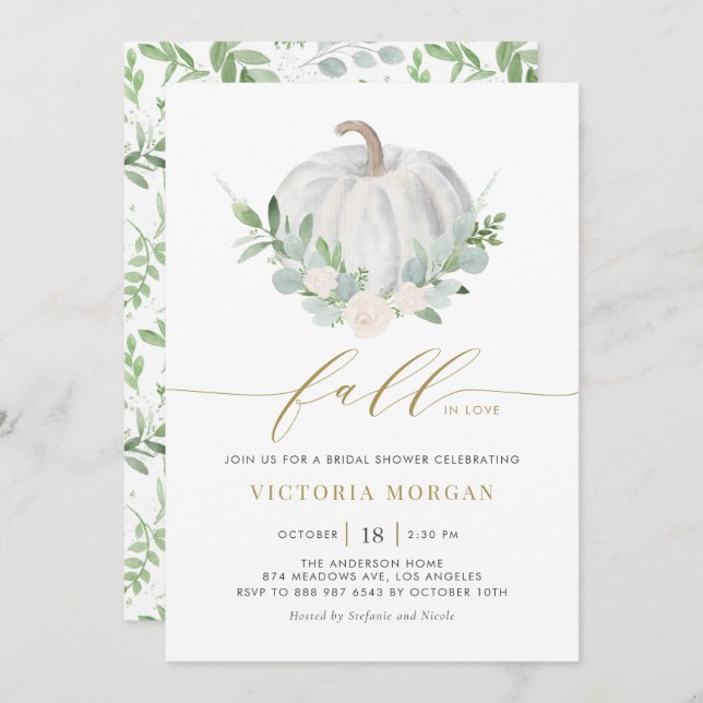 White Pumpkin and Greenery Fall Bridal Shower Invitation (Front/Back)