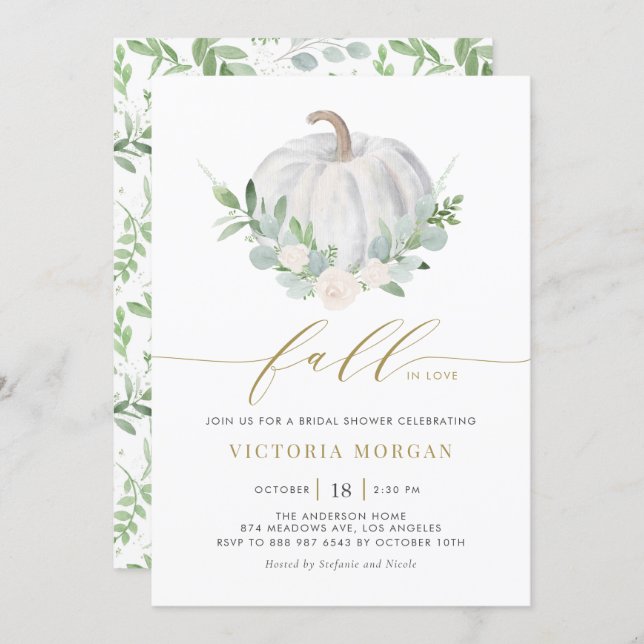 White Pumpkin and Greenery Fall Bridal Shower Invitation (Front/Back)