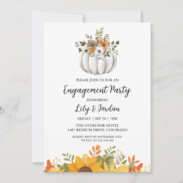 White Pumpkin and Greenery Fall Engagement Party Invitation (Front)
