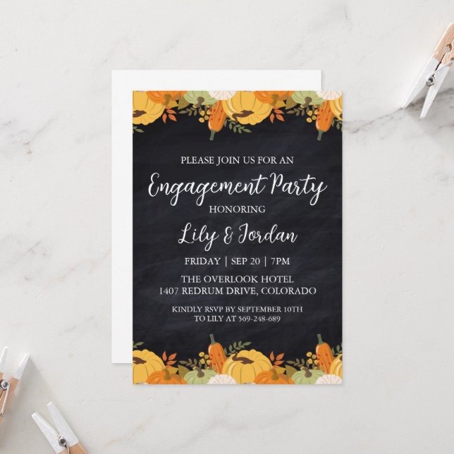White Pumpkin and Greenery Fall Engagement Party Invitation (Front/Back In Situ)