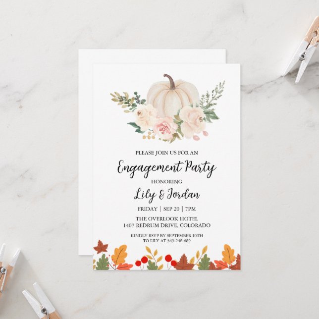 White Pumpkin and Greenery Fall Engagement Party Invitation (Front/Back In Situ)