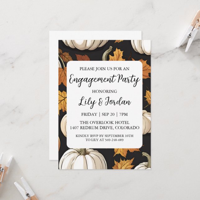 White Pumpkin and Greenery Fall Engagement Party Invitation (Front/Back In Situ)