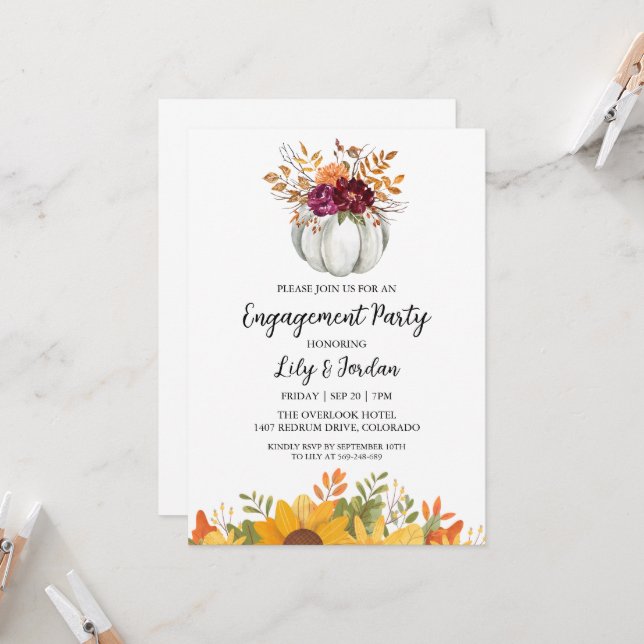White Pumpkin and Greenery Fall Engagement Party Invitation (Front/Back In Situ)