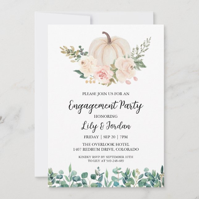 White Pumpkin and Greenery Fall Engagement Party Invitation (Front)