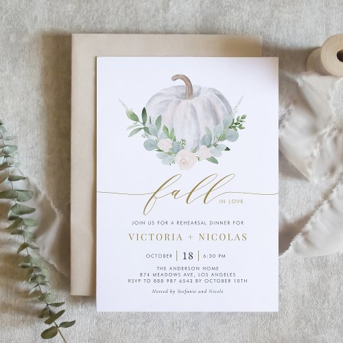 White Pumpkin and Greenery Fall Rehearsal Dinner Invitation