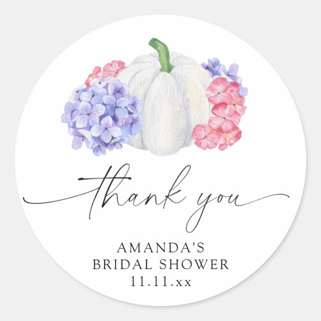 White pumpkin and hydrangea flowers bridal shower classic round sticker (Front)