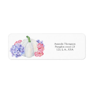 White pumpkin and hydrangea flowers bridal shower label