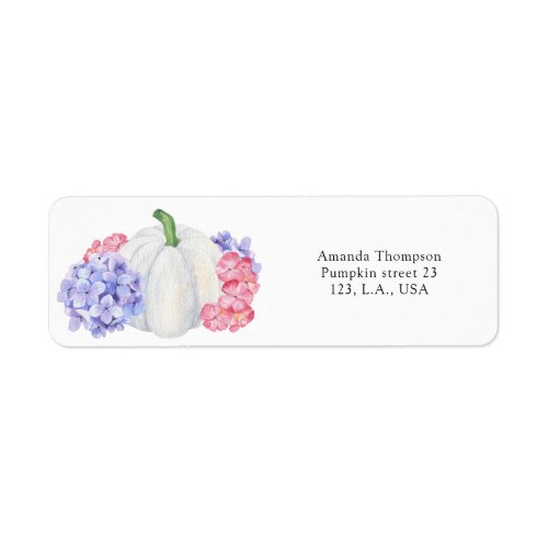 White pumpkin and hydrangea flowers bridal shower label