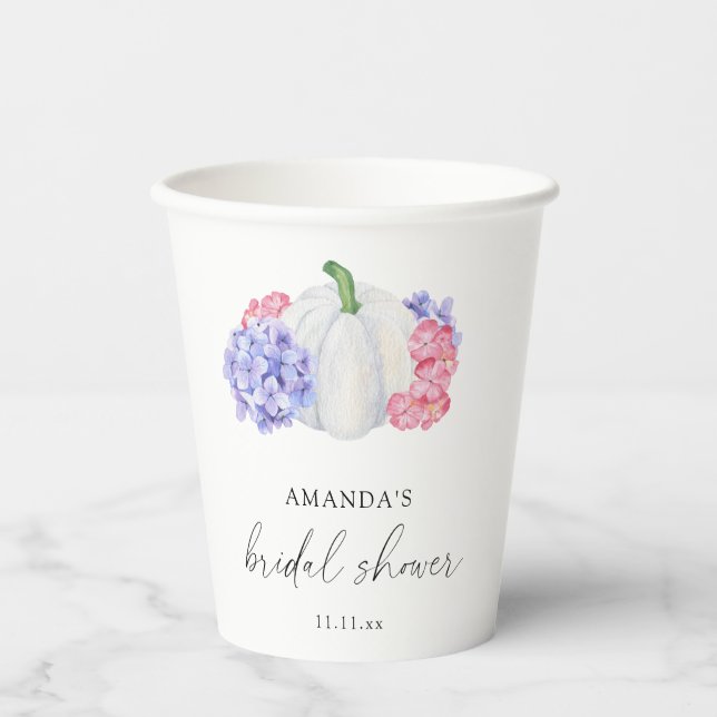 White pumpkin and hydrangea flowers bridal shower paper cups (Front)