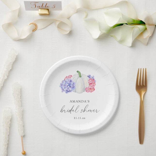 White pumpkin and hydrangea flowers bridal shower paper plates (Wedding)
