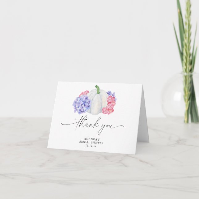 White pumpkin and hydrangea flowers bridal shower thank you card (Front)