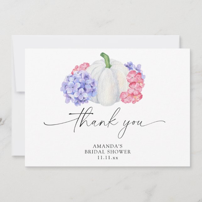 White pumpkin and hydrangea flowers bridal shower thank you card (Front)