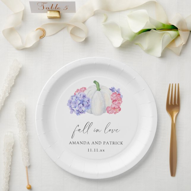 White pumpkin and hydrangea flowers wedding paper plates (Wedding)