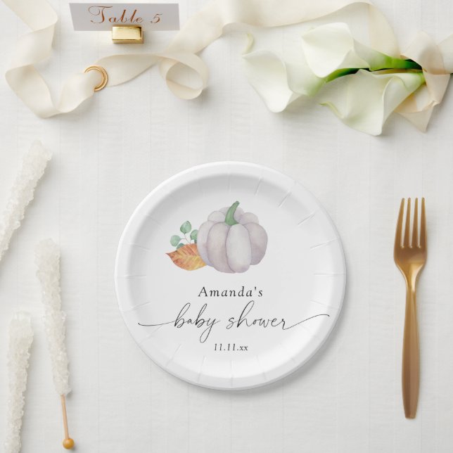 White pumpkin autumn baby shower  paper plates (Wedding)