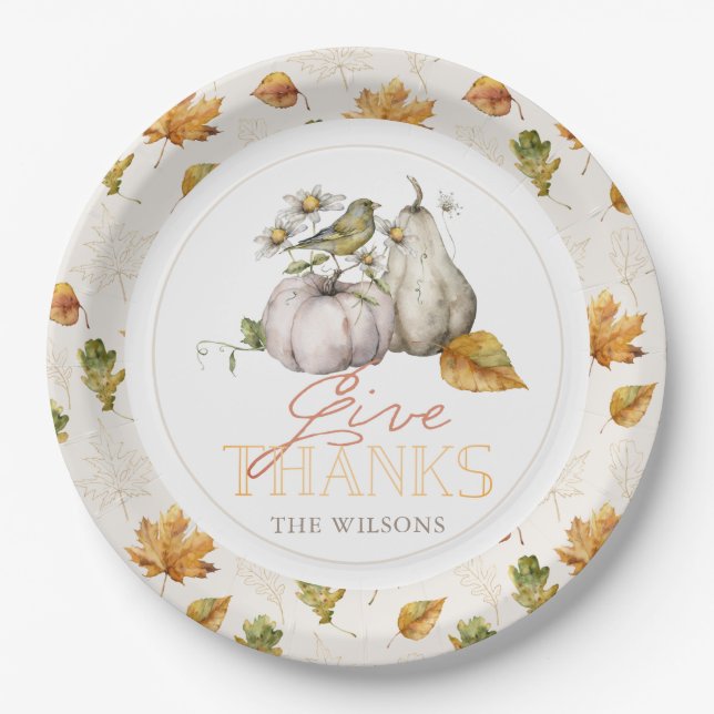 White Pumpkin Autumn Leaves Bird Thanksgiving Paper Plates (Front)