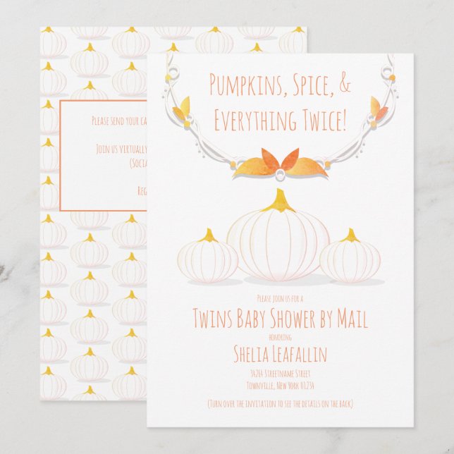 White Pumpkin Autumn Twins Baby Shower By Mail Invitation (Front/Back)