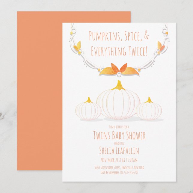 White Pumpkin Autumn Twins Baby Shower Invitation (Front/Back)