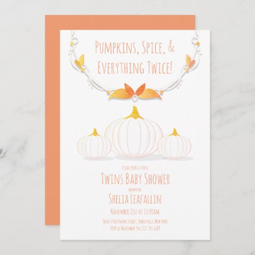 White Pumpkin Autumn Twins Baby Shower Invitation