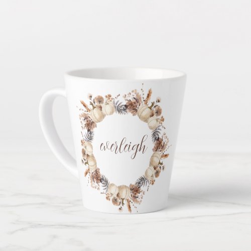 White Pumpkin Autumn Wreath Script Name Latte Mug