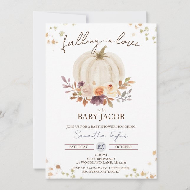 White Pumpkin Baby Shower, Falling in Love Invitation (Front)
